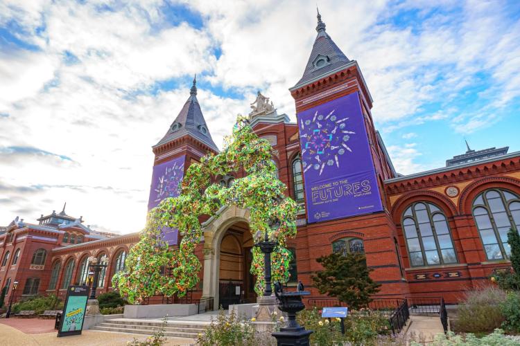 Photo of the installation of Soo Sunny Park’s sculpture at the Smithsonian Arts and Industries Building