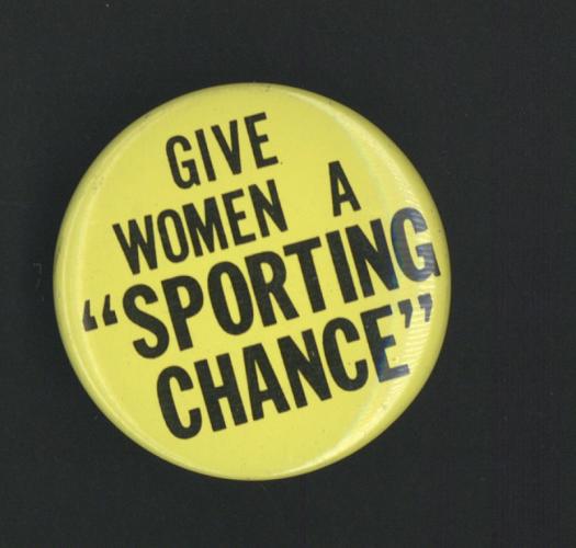 Yellow button with text: Give Women a &quot;Sporting Chance&quot;