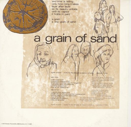 Line drawings of Asian Americans from past through 1970s, song lyrics, a cross-section of a tree stump