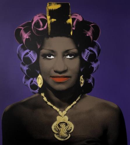 Painting of Celia Cruz with pink, orange, and purple rollers in her hair. She wears bright red lipstick and a gold necklace and earrings.