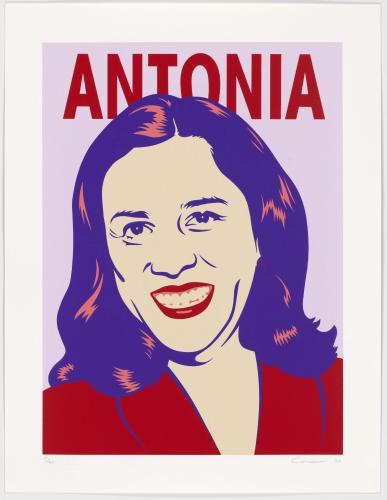 Hernández depicted in pink, purple, red, and yellow. Above her head is the word Antonia.