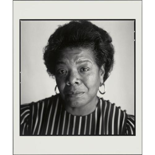 Black and white photograph of Maya Angelou wearing hoop earrings and a striped shirt