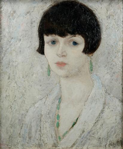 Painted portrait of Cresse Crosby. Her short dark hair stands out against the light background.  