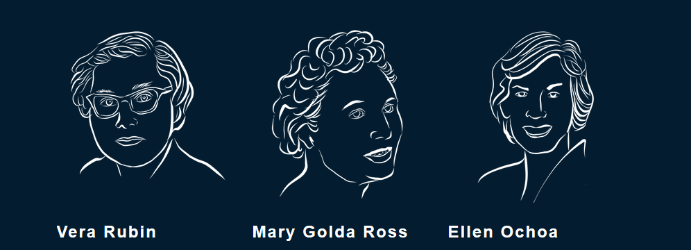 Line drawings of Vera Rubin, Mary Golda Ross, and Ellen Ocha on white on a dark blue, starry background.