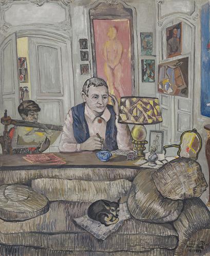 Color sketch of Gertrude Stein sitting at a desk behind a sofa. Alice B. Toklas sits behind her.