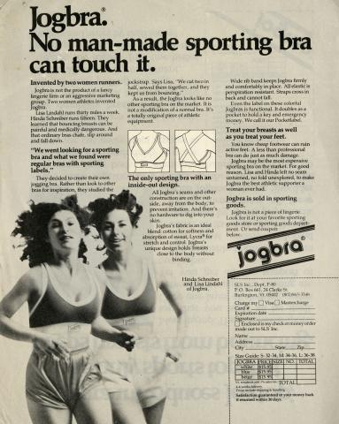 Black and white Jogbra ad with two light-skinned women running and the text: Jogbra. No man-made sporting bra can touch it.