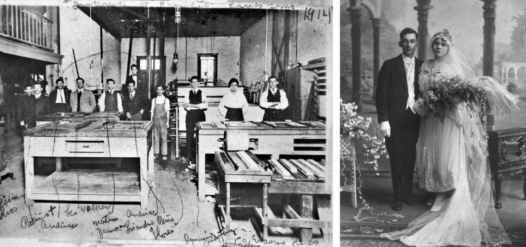 Left: Employees in the print shop of El Progreso newspaper. Jovita Idar is second from the right. Right: Wedding portrait of Bartolo Juárez and Jovita Idar.