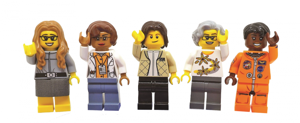 Lego figurines of Margaret Hamilton, Katherine Johnson, Sally Ride, Nancy Grace Roman, and Mae Jemison.