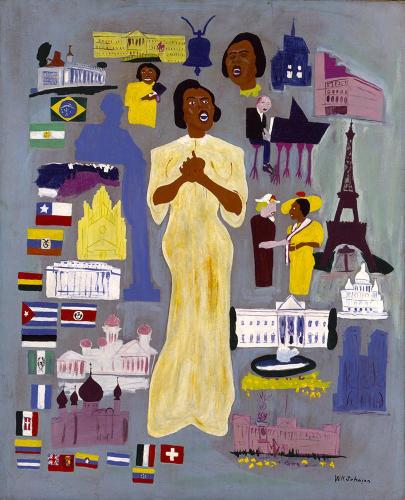 Painting of Marian Anderson singing, surrounded by smaller art of places she has traveled including the Eiffel Tower, flags of many countries, the White House, meeting Eleanor Roosevelt, and more.