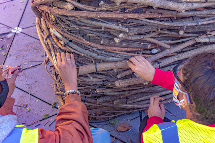 Close up of two hands assembling branches of Monument