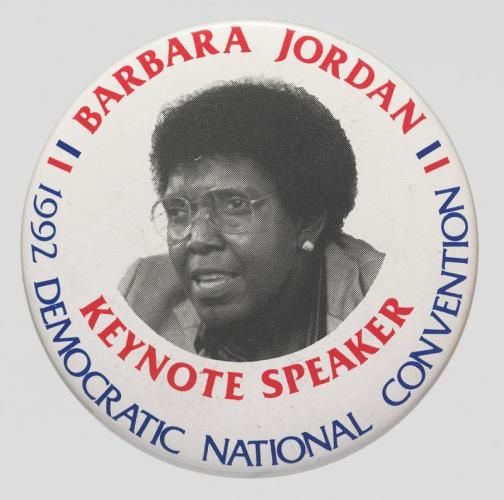 Button with photo of Barbara Jordan and text: keynote speaker