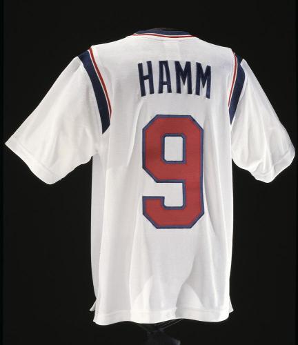 Soccer jersey with Hamm and the number nine on the back, white jersey with red and blue detail