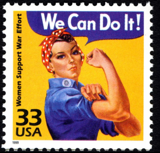 Rosie the Riveter flexes her bicep on this stamp. She says: We Can Do It! Stamp also reads: Women Support War Effort.