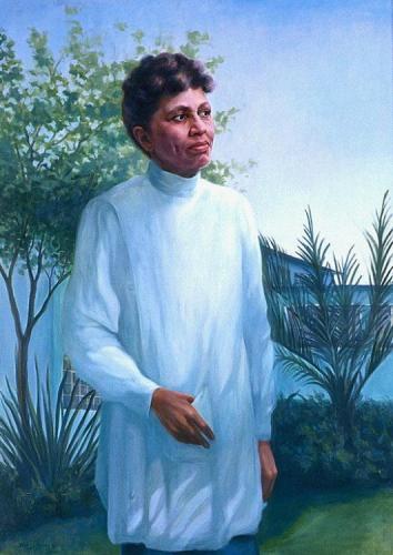 Painting of Ruth Temple wearing a white smock