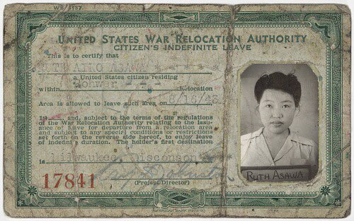 Ruth Asawa internment camp ID. Includes a photo of Asawa and the text &quot;United States Relocation Authority. Citizen&#039;s Indefinite Leave.&quot;