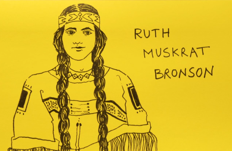 Line drawing of Ruth Muskrat Bronson on a yellow post-it note. She wears traditional Cherokee clothing and wears her hair in two long braids.