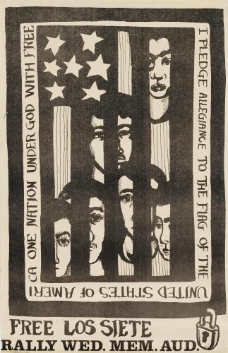 Lithograph where the stripes of a black and white, vertically oriented U.S. flag appear as prison bars. The bars partially obscure the faces of six men. Text includes: Free Los Siete. Rally Wed. Mem. Aud.