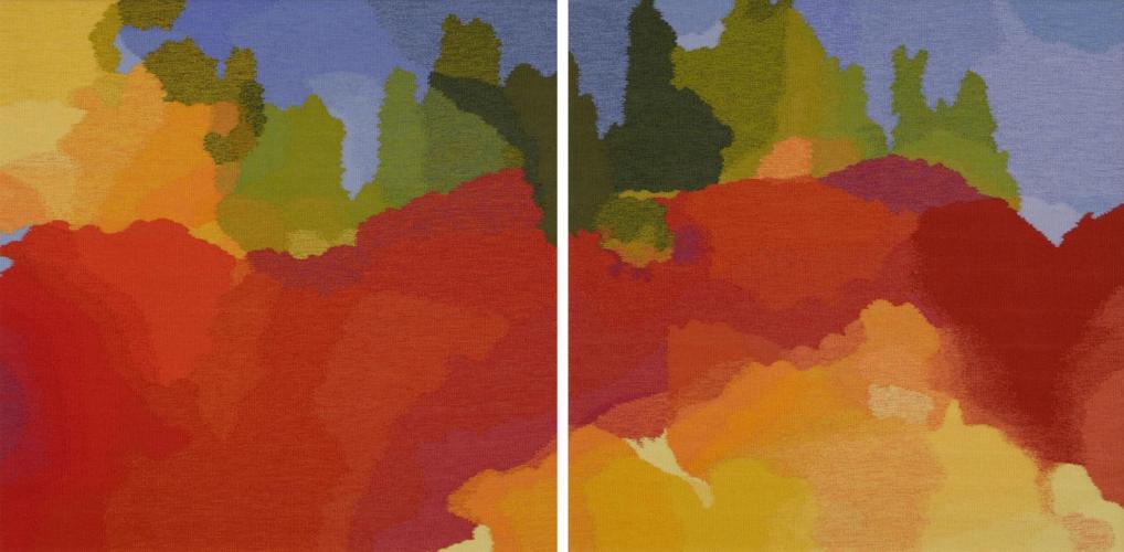 Two abstract tapestries of red, yellow, orange, green, and blue.