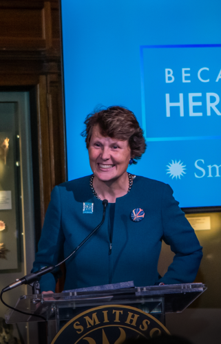 Stephanie Stebich, co-chair of the American Women’s History Initiative stands at a podium