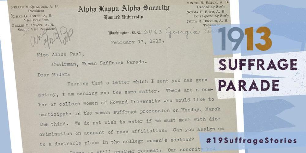 Historic letter on Alpha Kappa Alpha Sorority stationery. Additional text: Suffrage Parade 1913