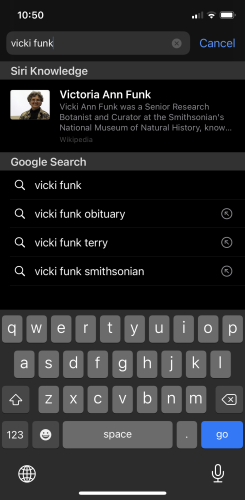 Photo of iPhone with Vicki Funk typed in the search bar. The first result says Siri Knowledge with a photo and bio of Dr. Funk.