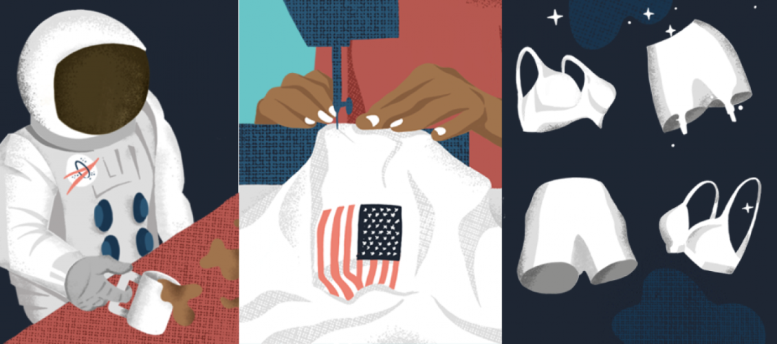 Illustrations of astronaut in suit, African American hands sewing suit, and bras and underwear shorts