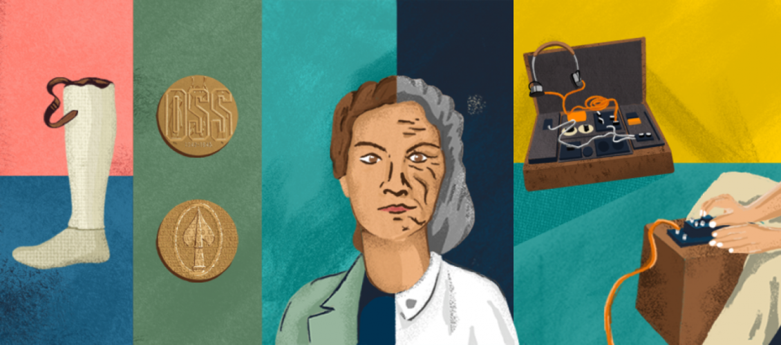 Illustrations Virginia Hall, her OSS medal, a prosthetic leg, and espionage tools