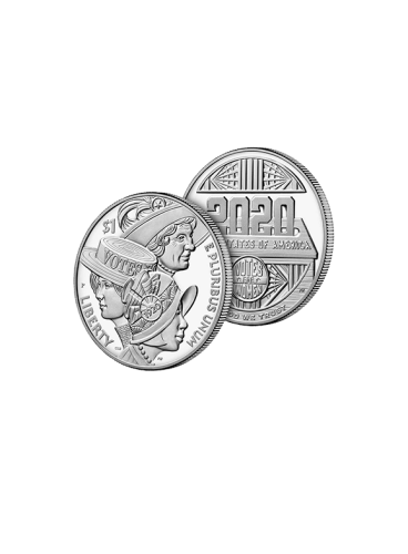 Two sides of silver dollar. One side features three profiles of women from 1890s to 1920s, and the other with the year 2020 going into a ballot box