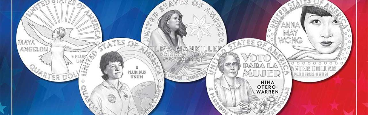 Graphic with five quarter designs featuring the women listed in this article