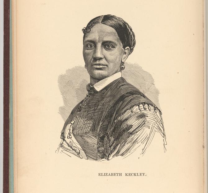 Black and white printed portrait drawing of Elizabeth Keckly on aged paper. Book cover is visible.