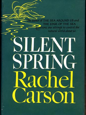 Green book cover and white text reading &quot;SILENT SPRING.&quot;